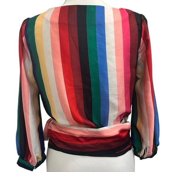Alice + Olivia Dyanna Rainbow Multicolor Stripe Wrap Blouse Vibrant Pride Chic - Picture 4 of 10